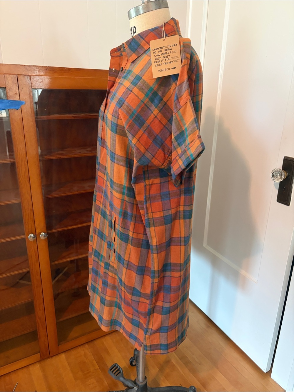 Toad & Co women’s Orange Plaid Short-Sleeve shirt dress w pockets - Picture 3 of 5